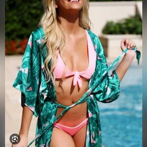 Judith March Swim Coverup Pink Green Leaf Banana Leaf Cabana Small NWT